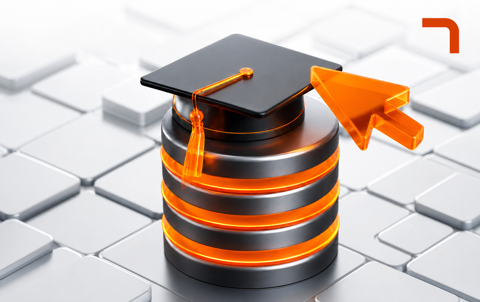 Glowing orange database stack wearing a graduation cap, symbolizing online education and data storage