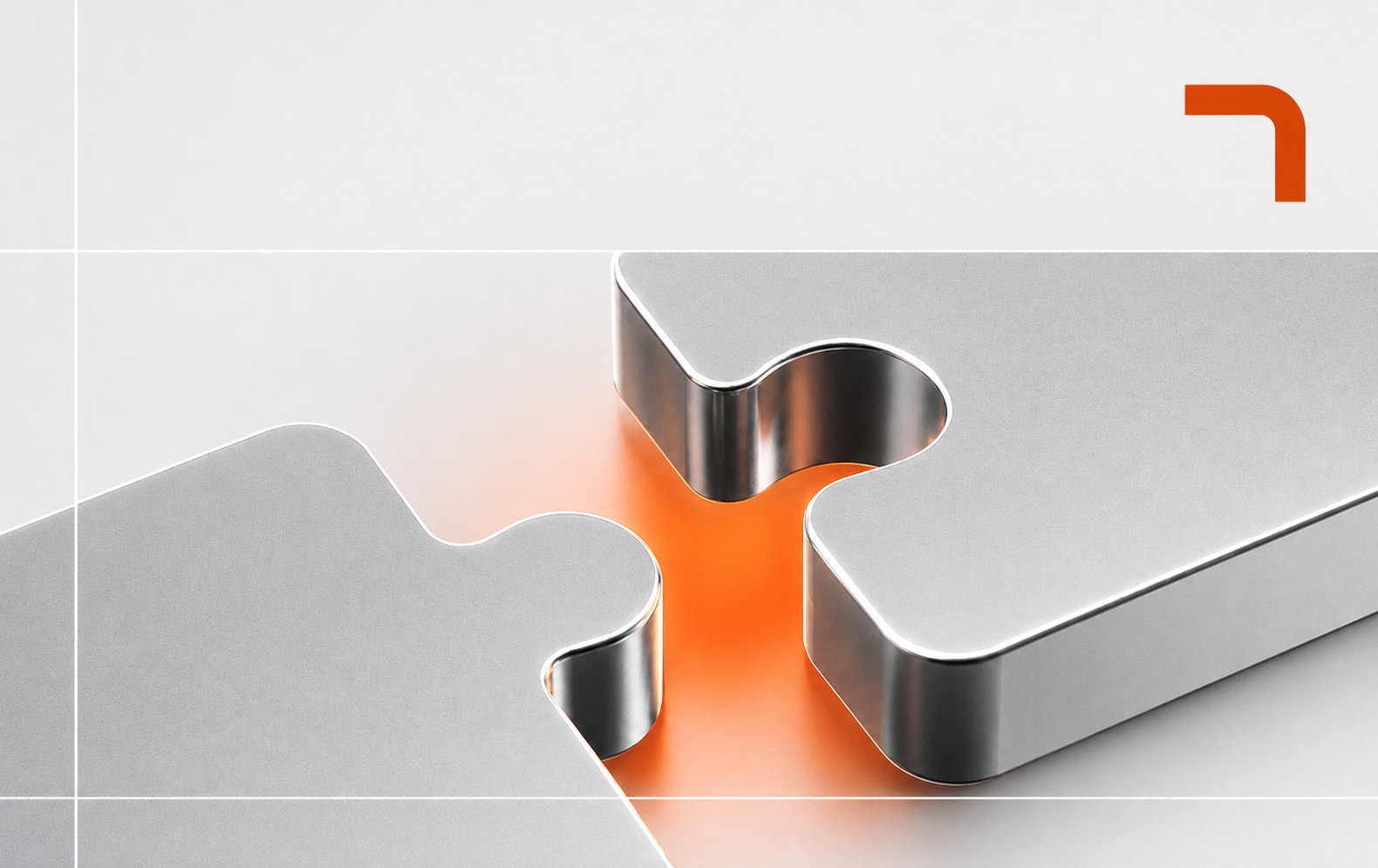 Metal puzzle pieces interlocking with bright orange glow where a piece is missing, symbolizing a solution gap or connection point.