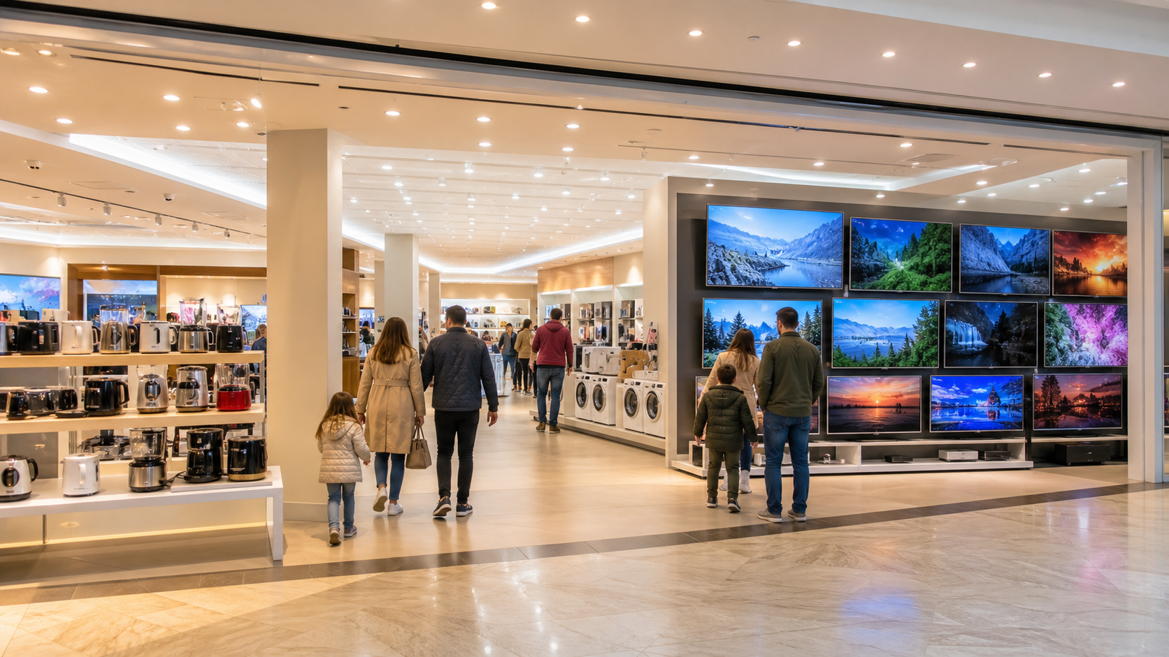 Bright electronics store interior with kettle displays on the left and a wall of landscape TVs on the right as shoppers browse the showroom.