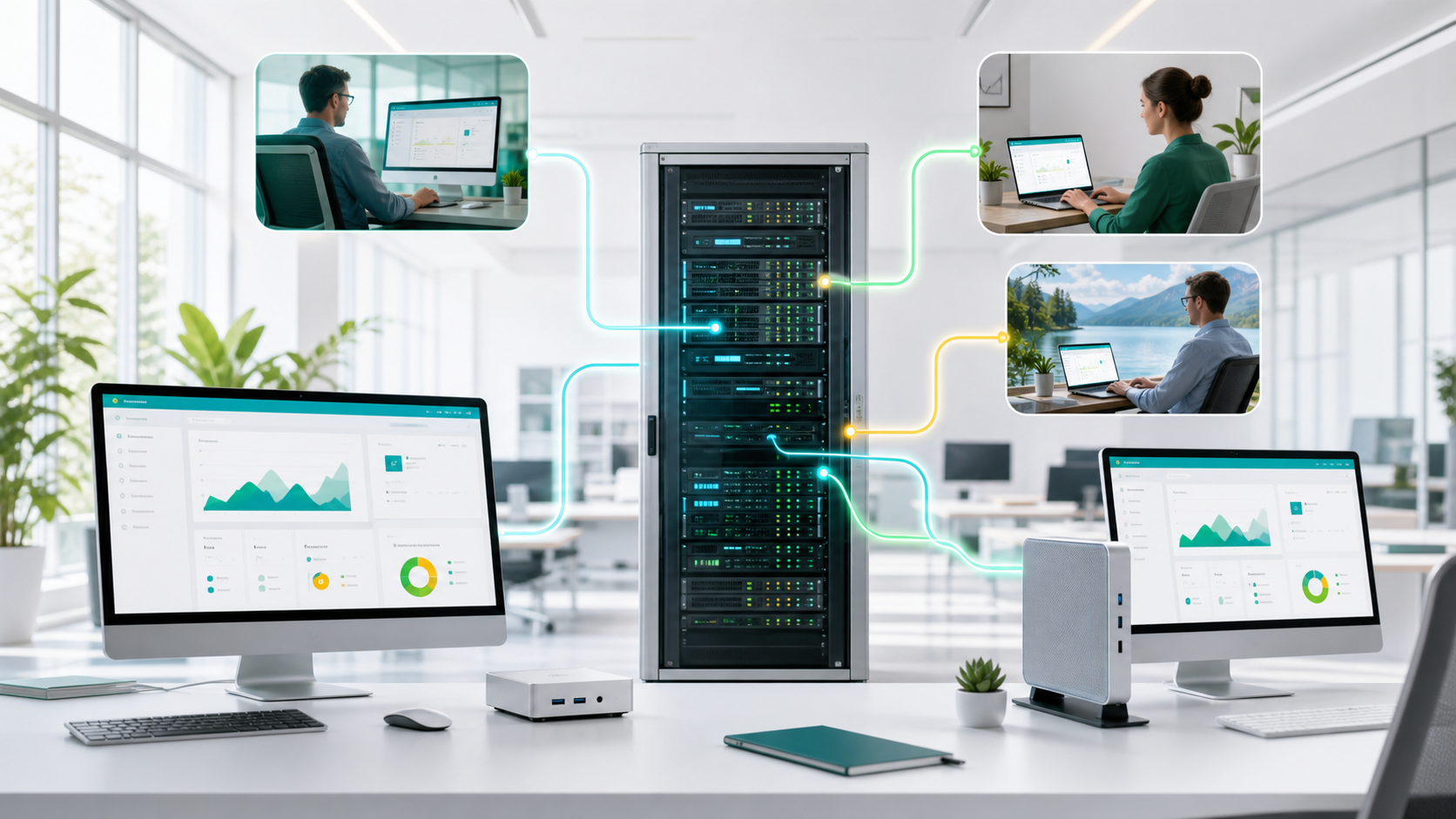 Server rack at center connected by glowing lines to multiple monitors and office workstations, illustrating a networked IT setup.