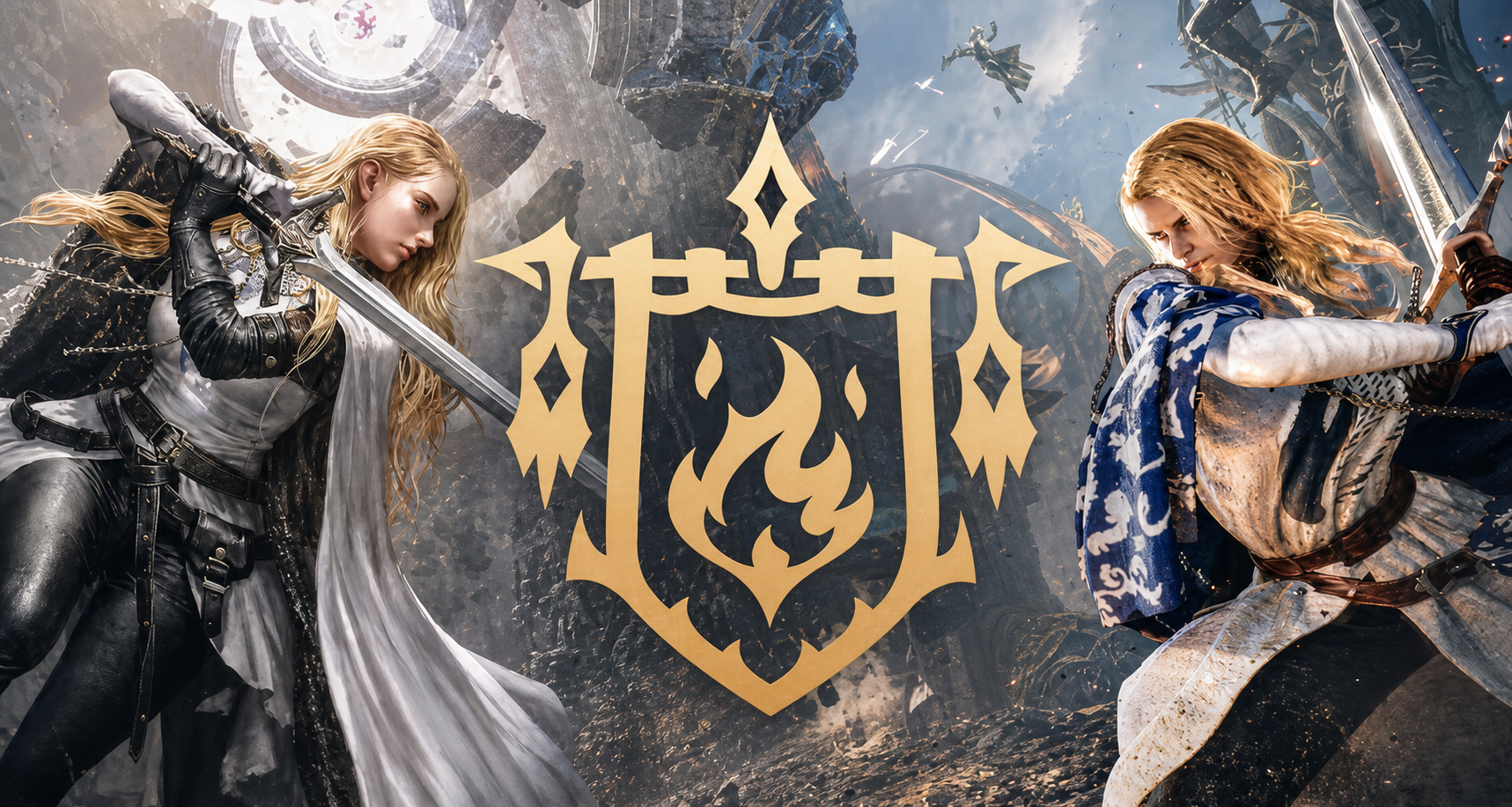 Two armored warriors duel with swords on a stormy battlefield, a large gold emblem centered between them.