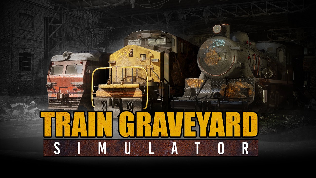 Dark warehouse scene with three abandoned trains and the bold title 'TRAIN GRAVEYARD SIMULATOR' overlaying the image