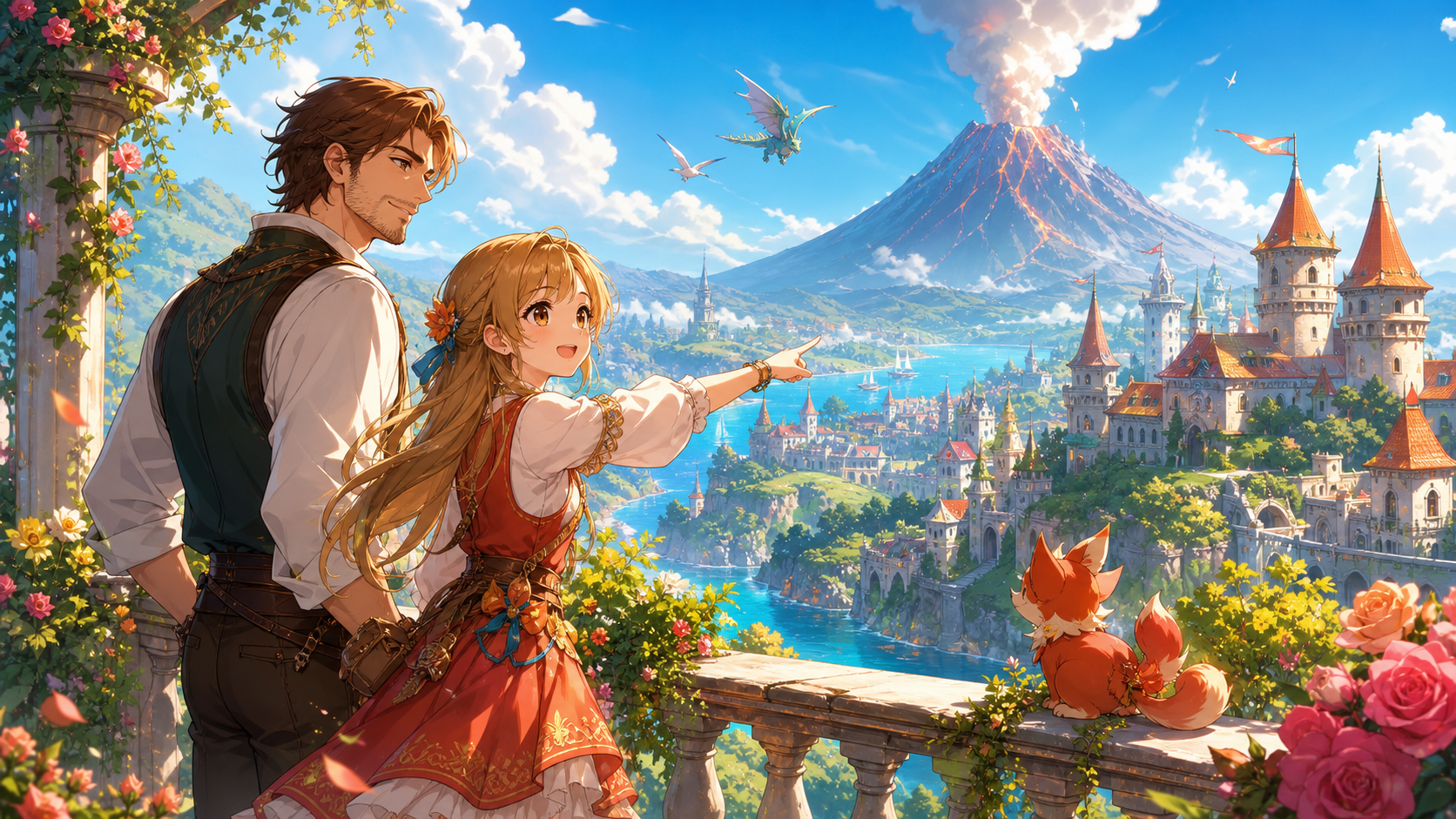 Romantic fantasy scene: a young woman points toward a fairy-tale city with tall towers and a volcano in the distance, while a man stands beside her on a sunny terrace; a fox sits on the railing.