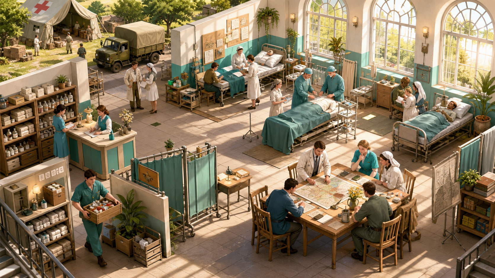 A bustling WWII field hospital scene with patients in beds, nurses and doctors treating them, and medical staff around a large map table inside a sunlit ward.