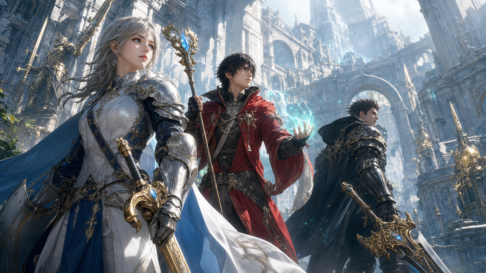 Three armored fantasy heroes stand in a crumbling, ornate citadel, weapons drawn and blue magic glowing in the air.
