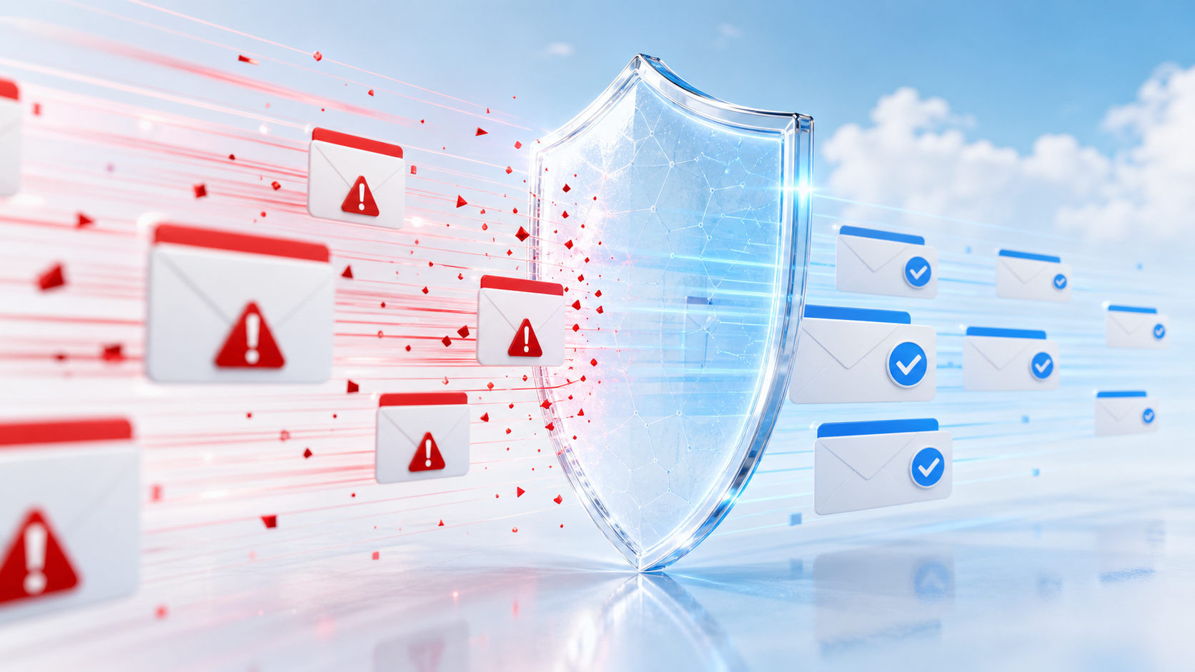 Glowing shield protects against red warning icons as blue-checked emails flow through, symbolizing cybersecurity.