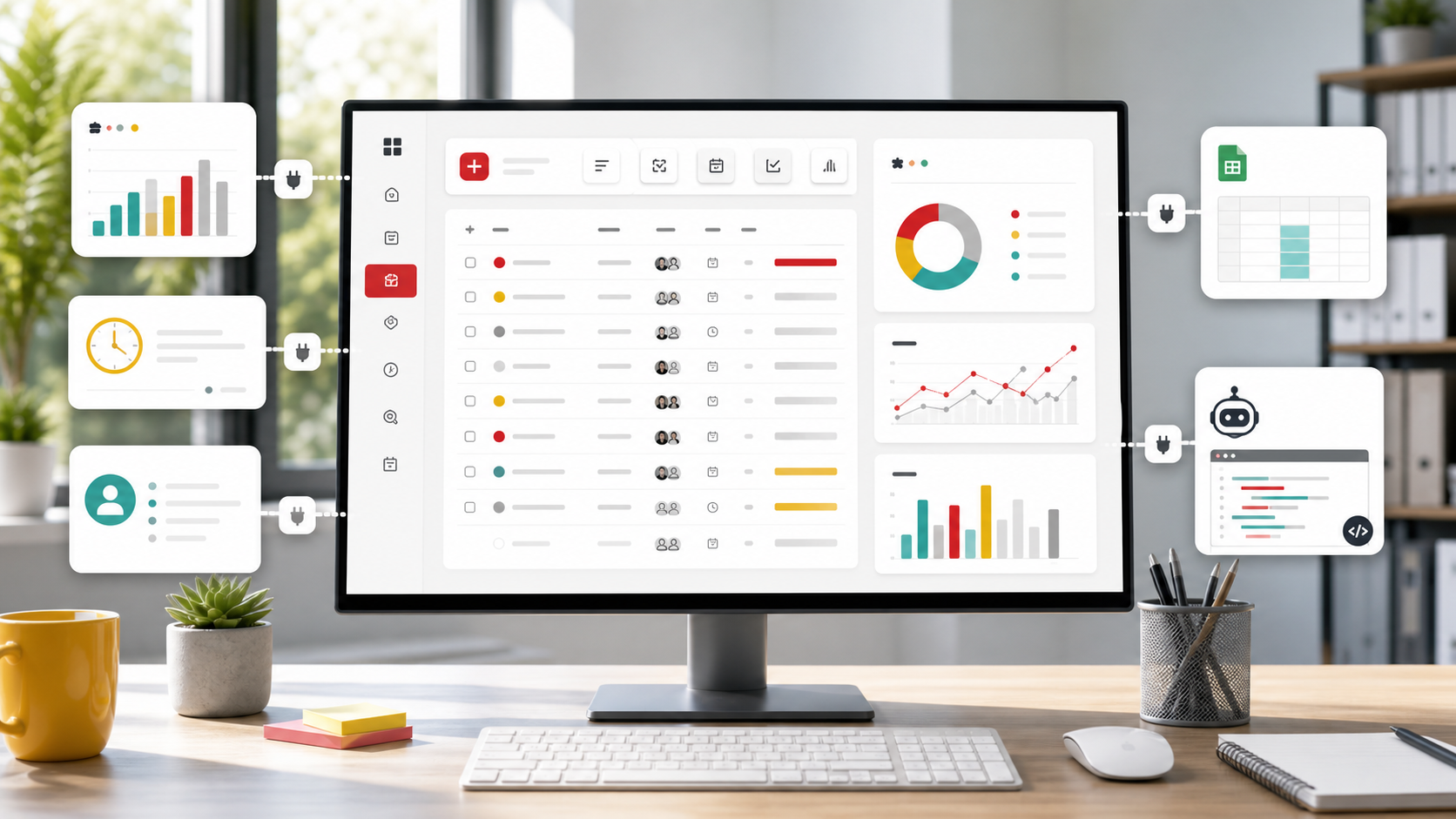 Desktop monitor showing a multi-panel analytics dashboard with charts and a user list, surrounded by floating widgets.