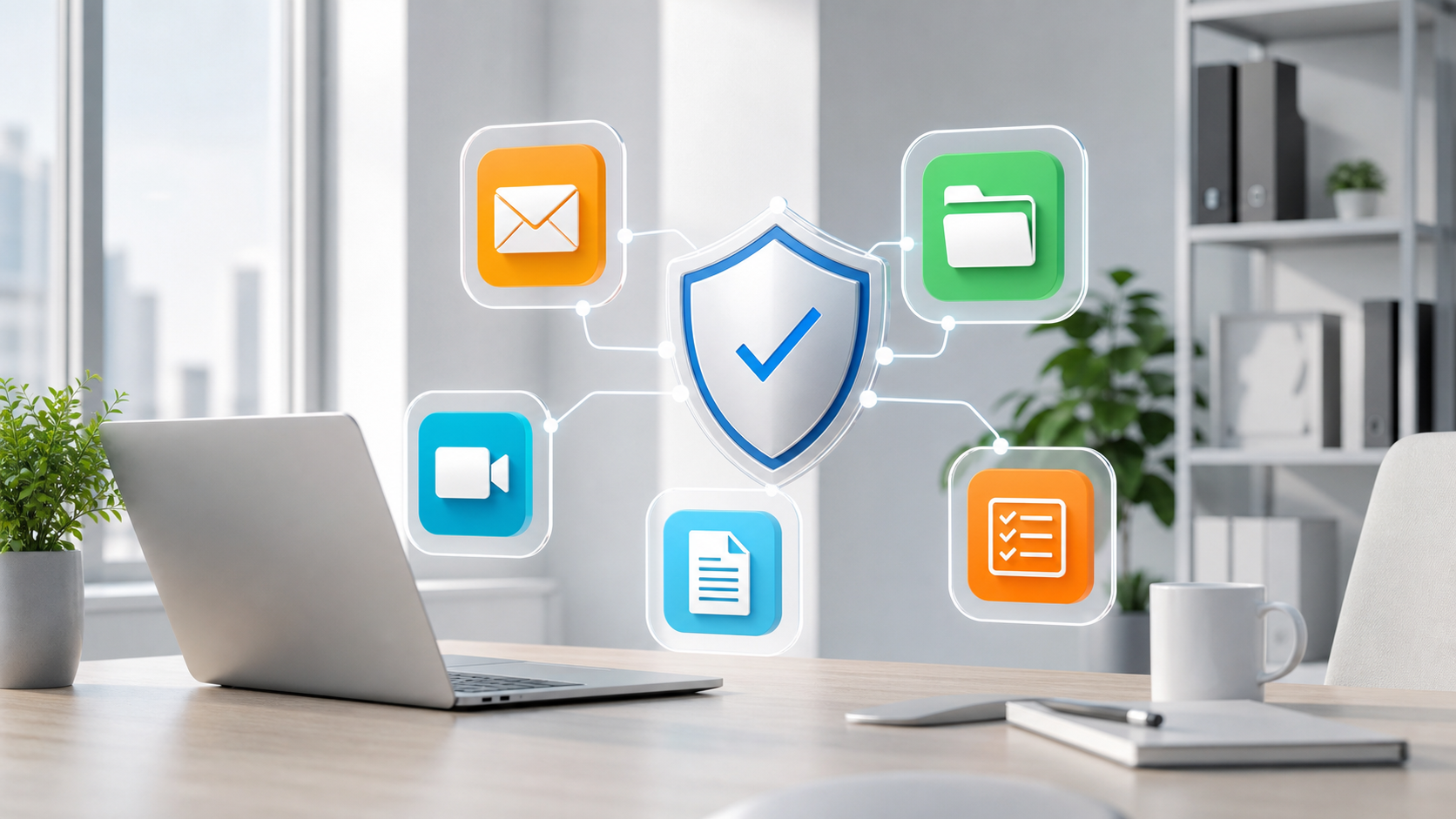 Shield with a blue checkmark connected to icons for email, folders, video, documents, and a checklist, symbolizing cybersecurity in an office setting.
