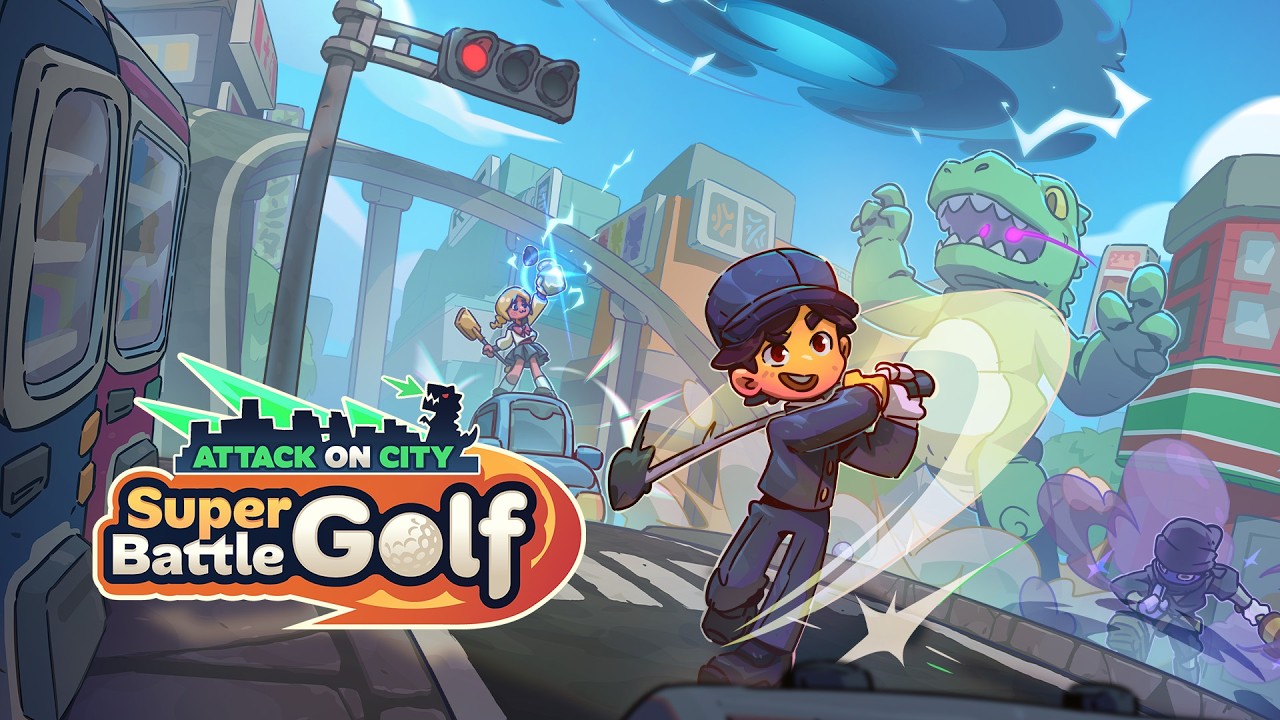 Cartoon city battle scene: a boy in a cap swings a golf club as a monster roars in the background, game art for 'Super Battle Golf'.