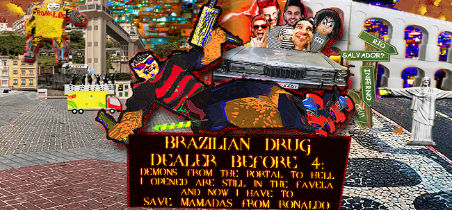 Collage of a crowded, chaotic street scene with a car, multiple figures, neon signs, and a glowing banner that reads 'Brazilian Drug Dealer Before 4.'
