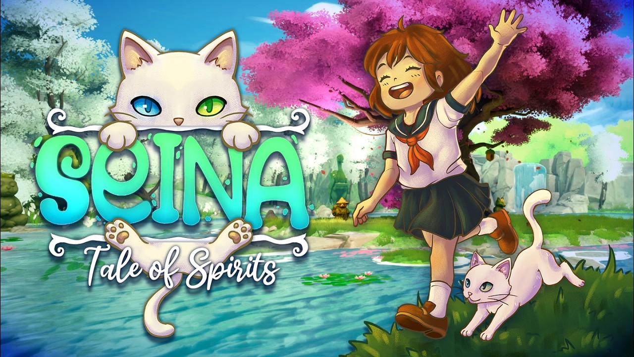 Colorful game cover: a joyful girl in a sailor-style uniform runs beside a white cat by a bright river, with the title 'SEINA: Tale of Spirits'.