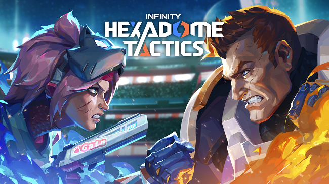 Two opponents in a neon-futuristic arena clash as energy and fire surge around them, with the 'Infinity Hexadome Tactics' logo overhead.
