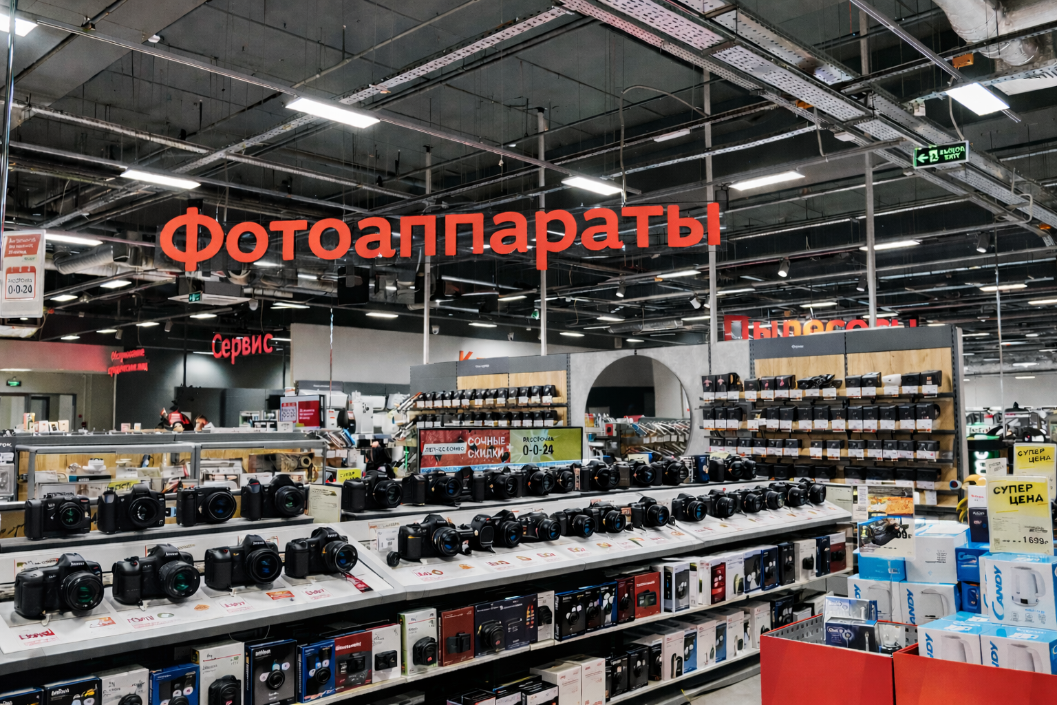 Row of cameras on display in a large electronics store, with a bold red Cyrillic sign 'Фотоаппараты' overhead.