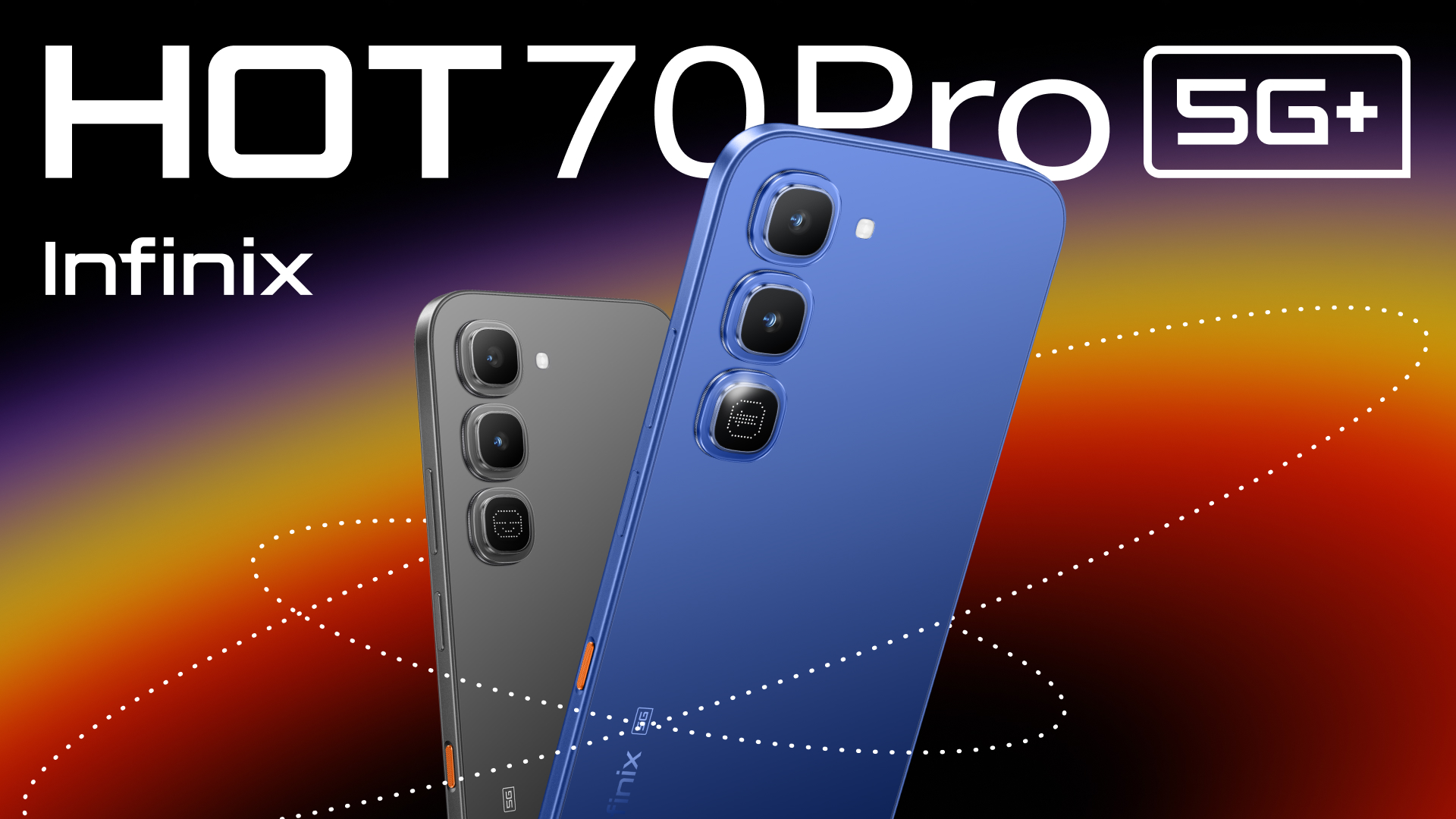 Advertisement for Infinix HOT 70 Pro 5G+ showing blue and gray smartphones with quad cameras against a gradient background and dotted lines.