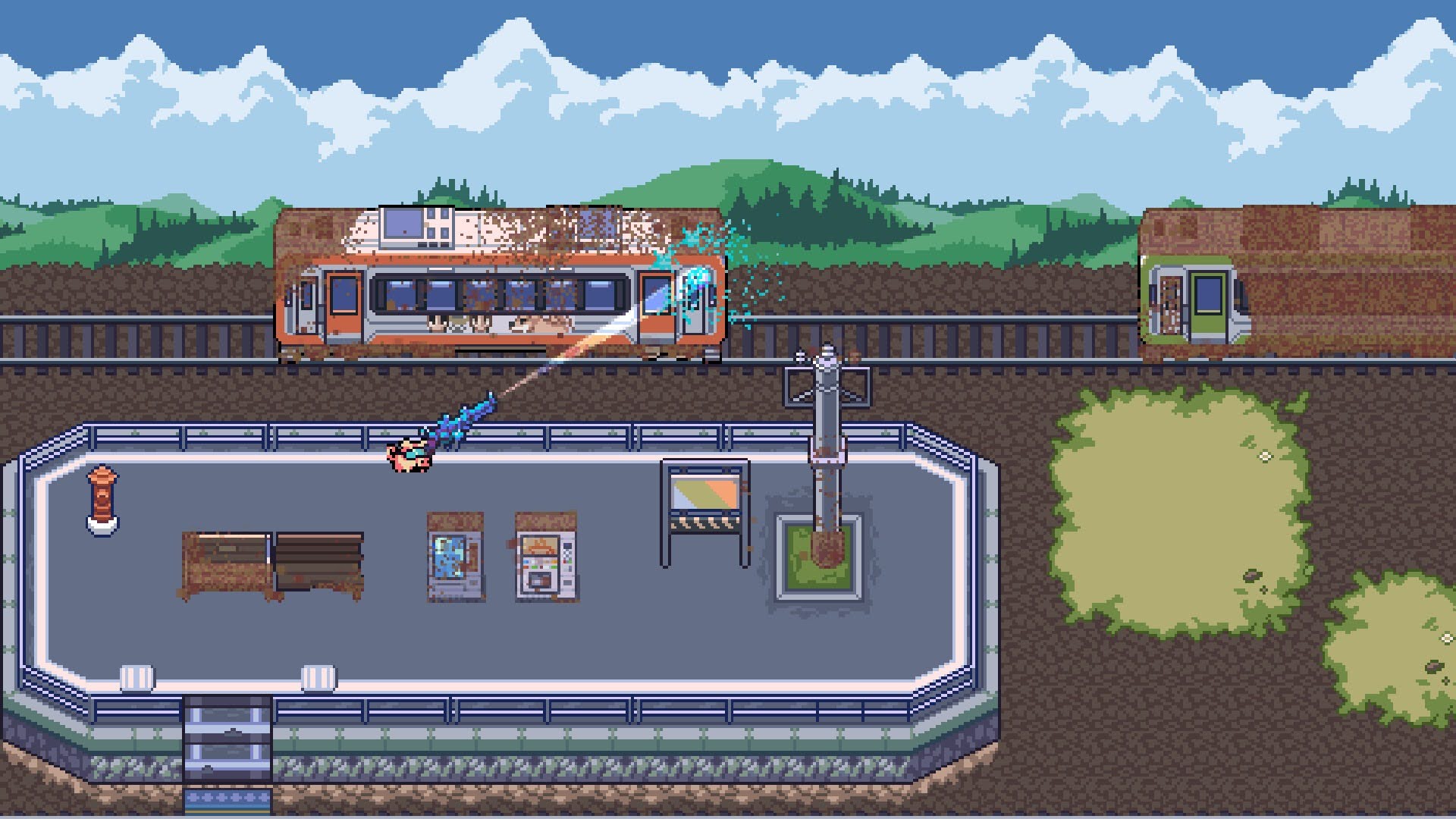 Pixel-art game scene: a orange-silver train on elevated tracks above a fenced rooftop area where a character shoots a blue energy beam at a gray robot.