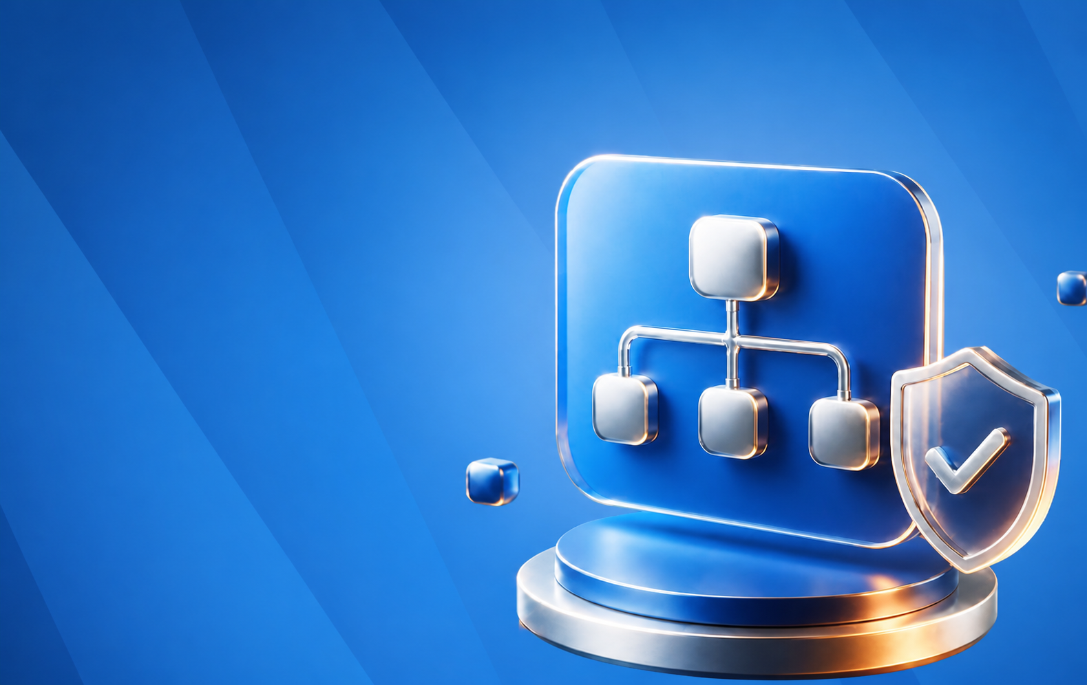 3D blue security graphic: an org-chart on a square panel with a shield and checkmark.