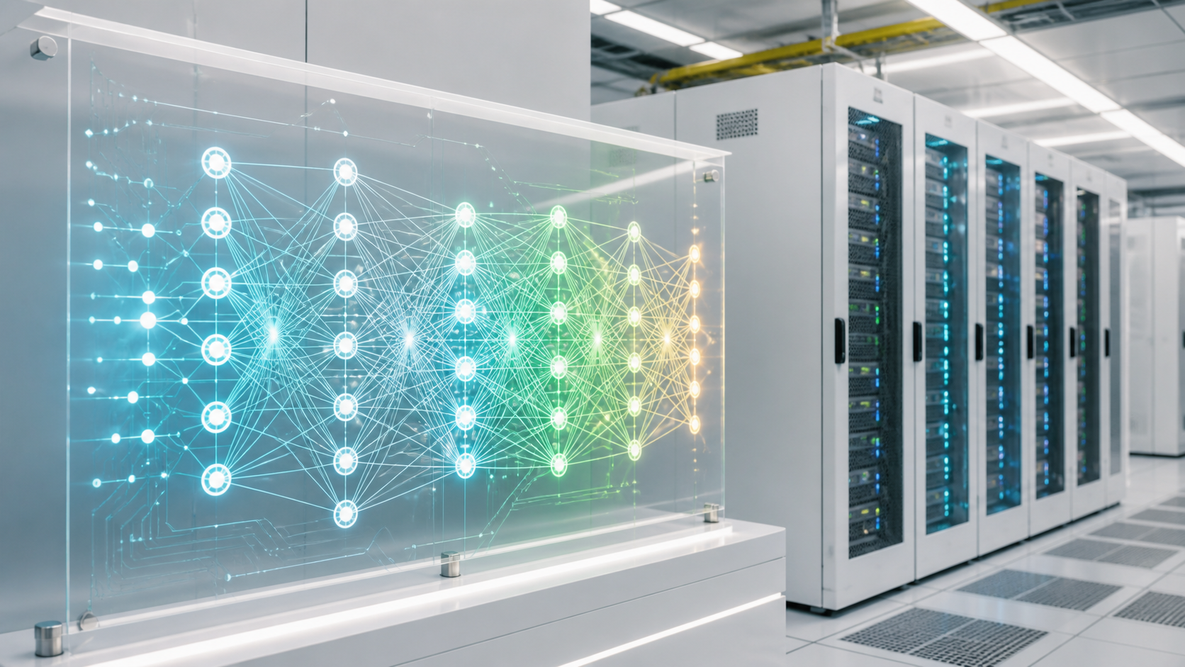 Data center with a row of server racks and a glass panel displaying a glowing neural network visualization.