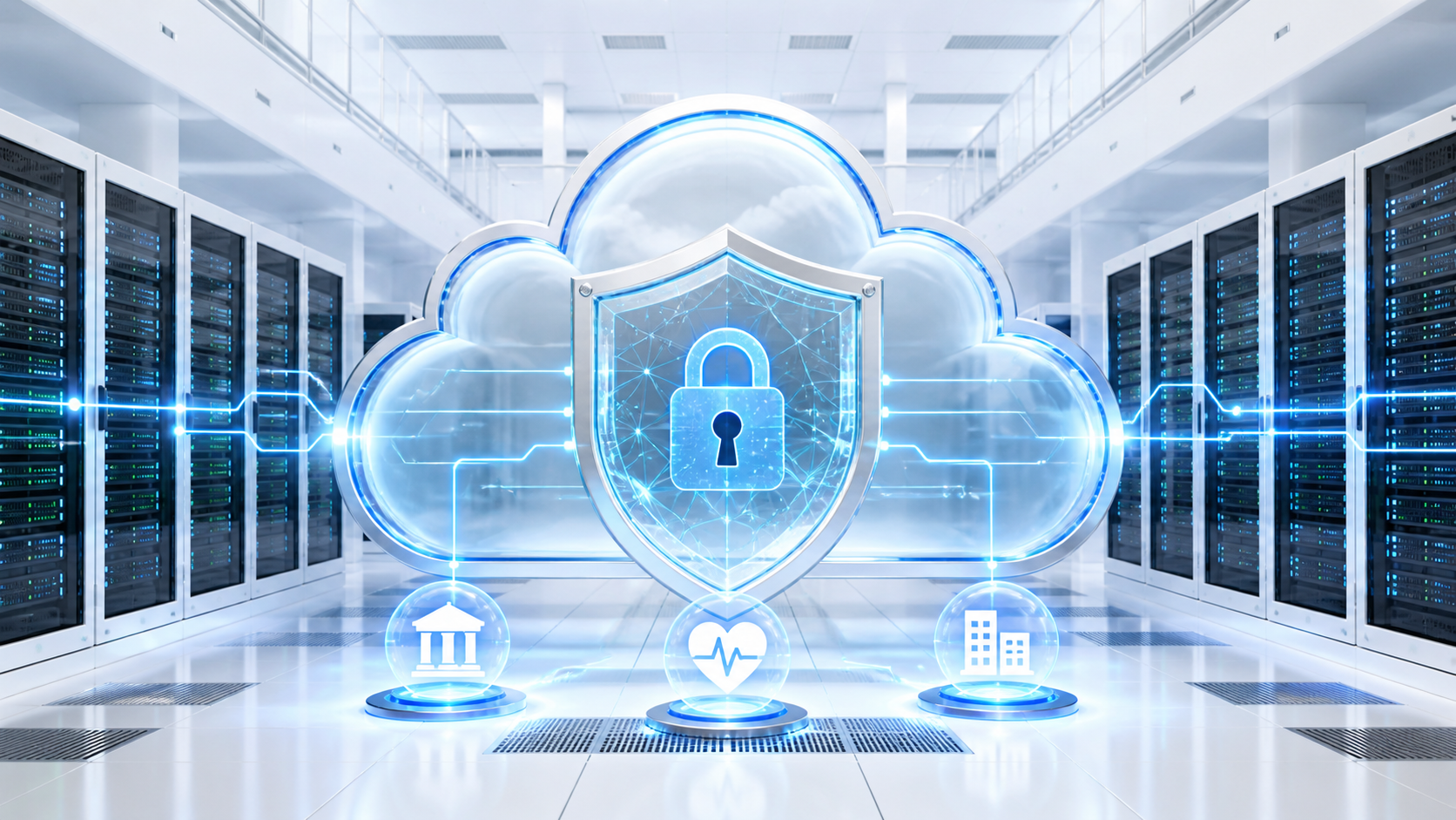 Cloud security concept: a glowing shield with a lock over a connected cloud in a data center, symbolizing protected cloud infrastructure