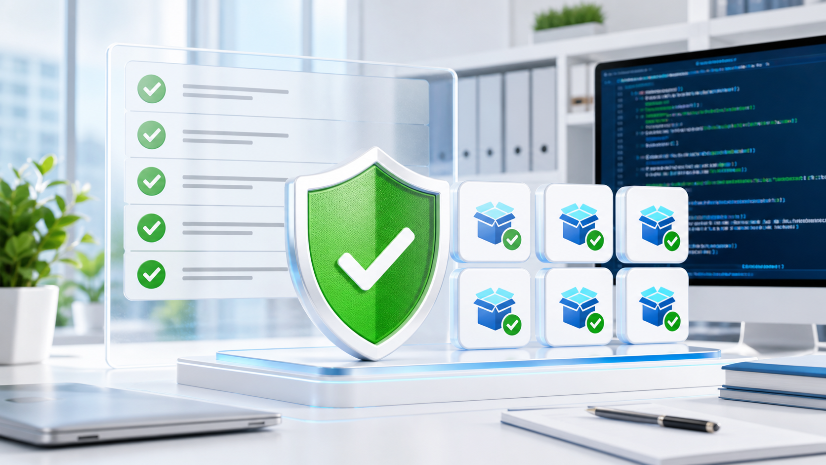 Green shield with a white checkmark in front of a checklist and security icons in a modern office scene.