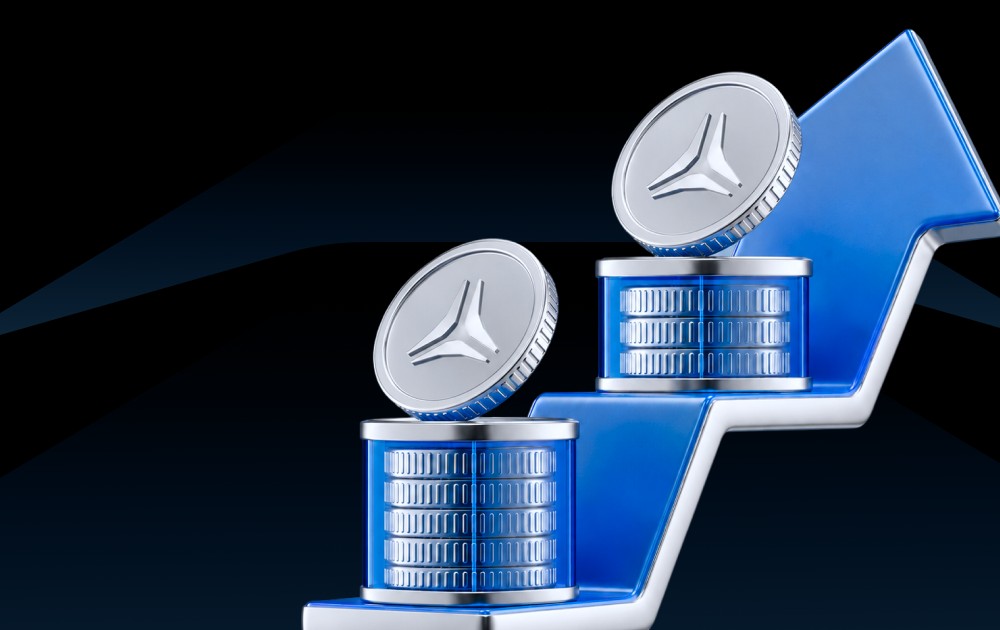 Illustration of silver coins with a triangular logo climbing a blue upward staircase, symbolizing financial growth or rising investments.