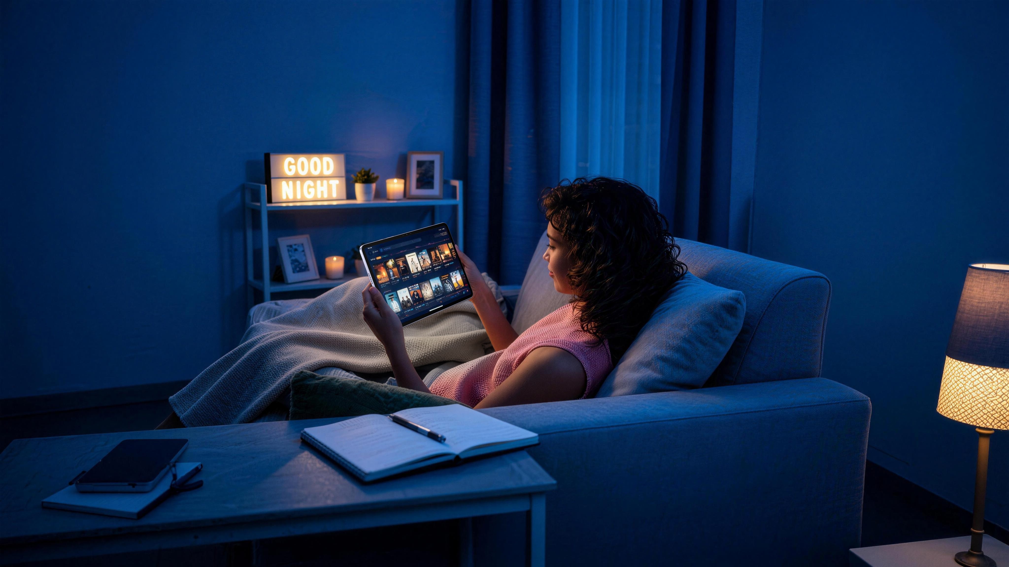 Person relaxing on a sofa at night, watching movies on a tablet with a blue-lit living room and a 'GOOD NIGHT' sign on a shelf nearby