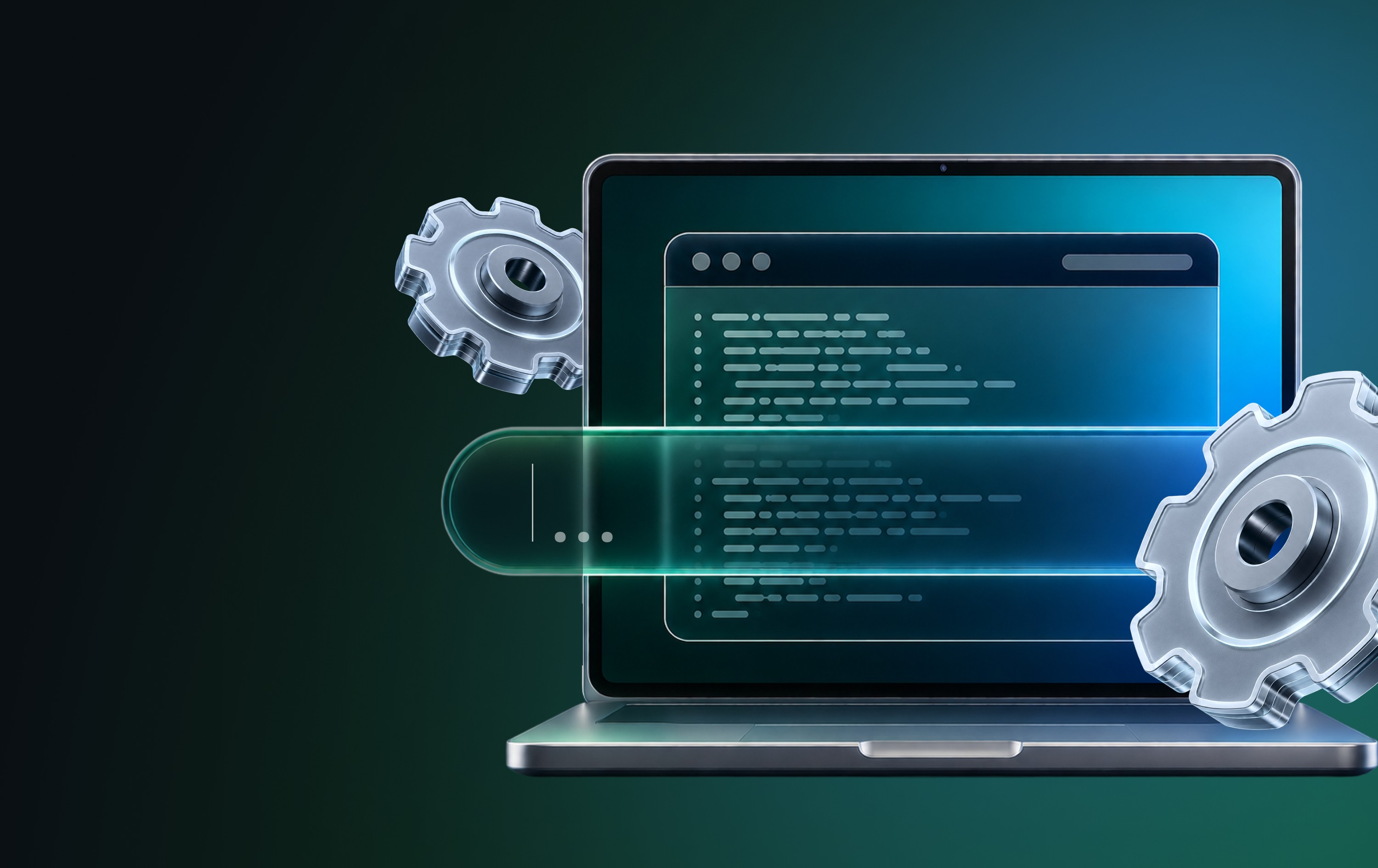 Concept image of a laptop with metallic gears and digital interface, representing software settings or tech engineering