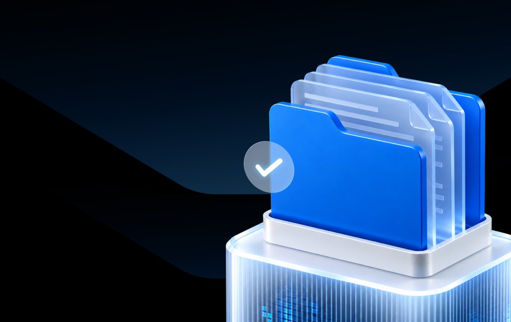 Stack of blue file folders in a white organizer with a checkmark badge, signaling approved or verified documents.