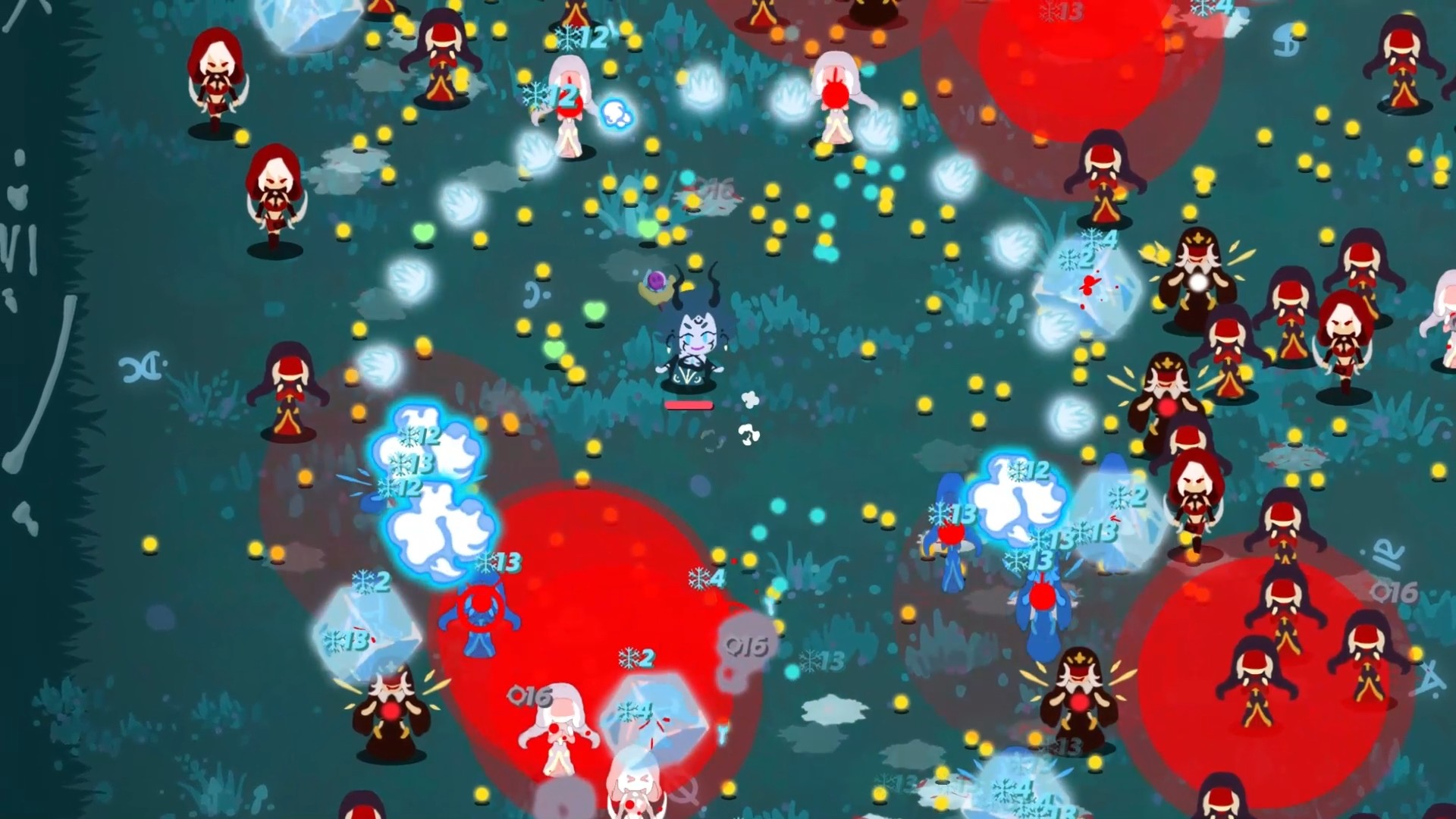Chaotic battle scene with many red circle explosions and glowing projectiles in a forested arena.