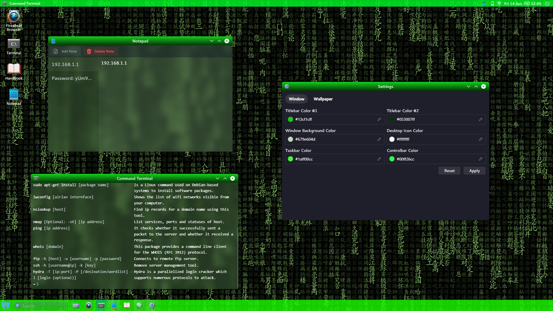 Customized Linux desktop with neon green theme; multiple windows open including Notepad, Terminal, and Settings against a green Chinese character wallpaper.