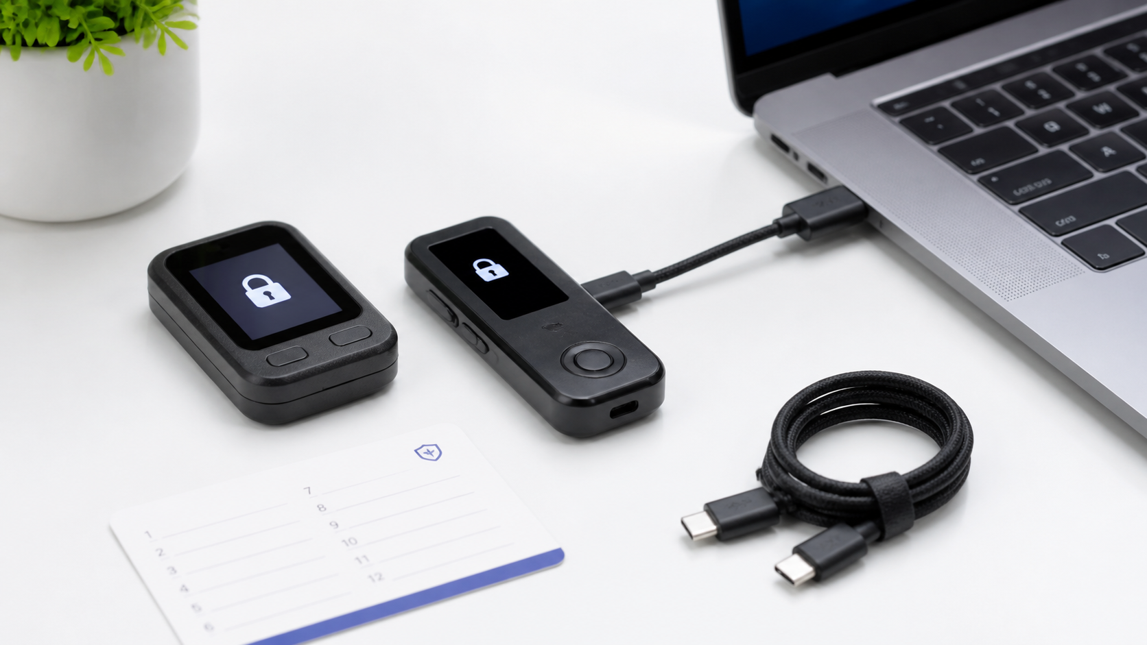 Two black portable hardware wallets showing lock icons, placed near a laptop with a connected cable on a white desk