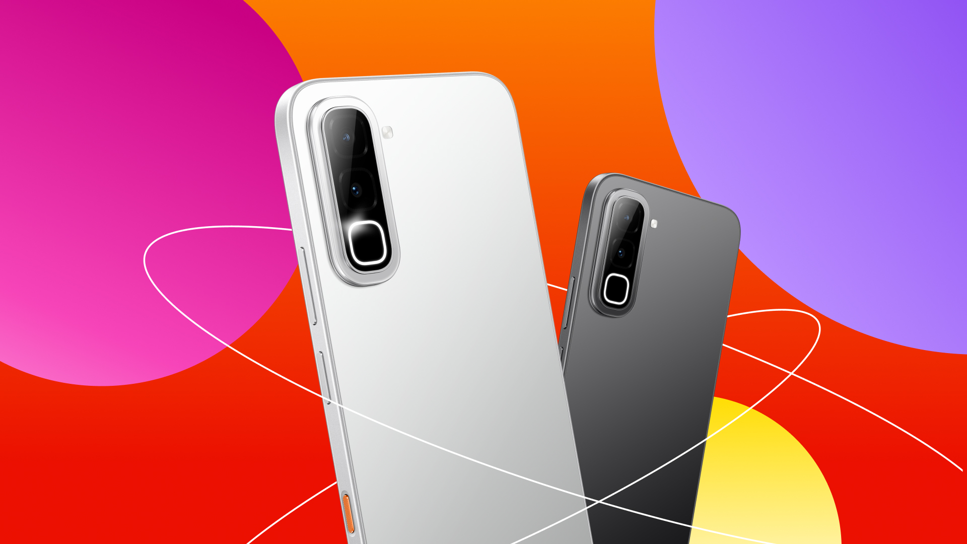 Two smartphones with prominent vertical camera modules on the back, white and gray, against a colorful abstract background.
