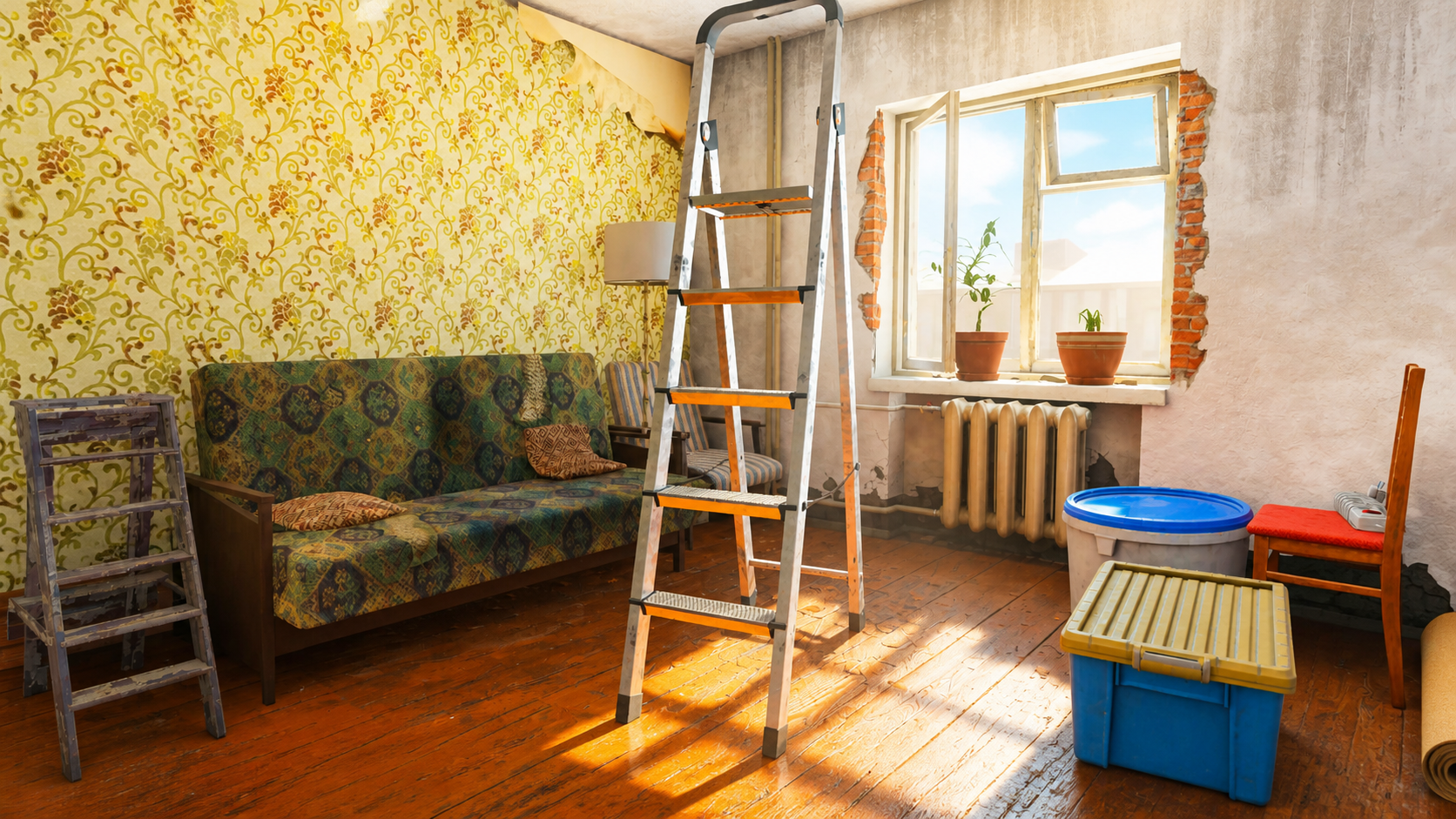 Renovation scene in a living room: a metal ladder stands in the middle, with a vintage patterned sofa, peeling yellow floral wallpaper, and a large window with potted plants outside the radiator under the window; warm sunlight on the wooden floor.