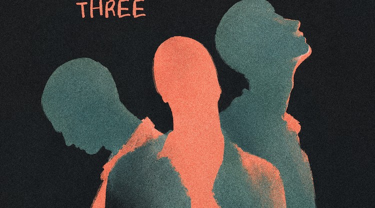 Abstract trio of silhouettes in teal and orange against a dark background; the word THREE appears at the top left, suggesting a group or trio theme.