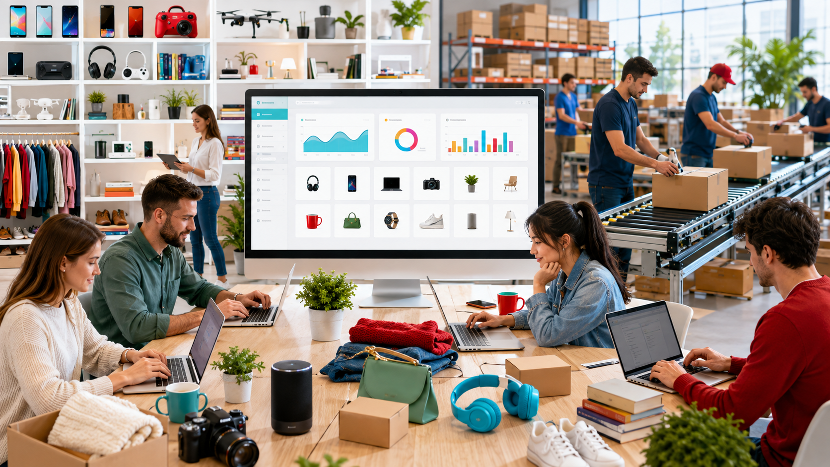 Team of coworkers around a wooden table, laptops open, large monitor displaying charts and icons; shelves with gadgets and packaging in the background.