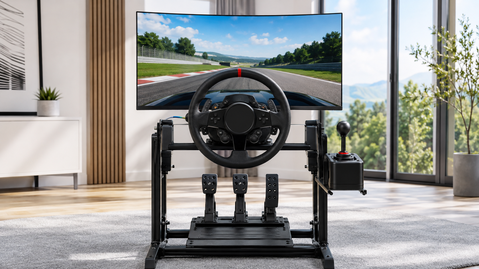 Racing simulator cockpit with a curved monitor displaying a race track, steering wheel, pedals, and a side joystick shifter on a metal frame in a bright room.