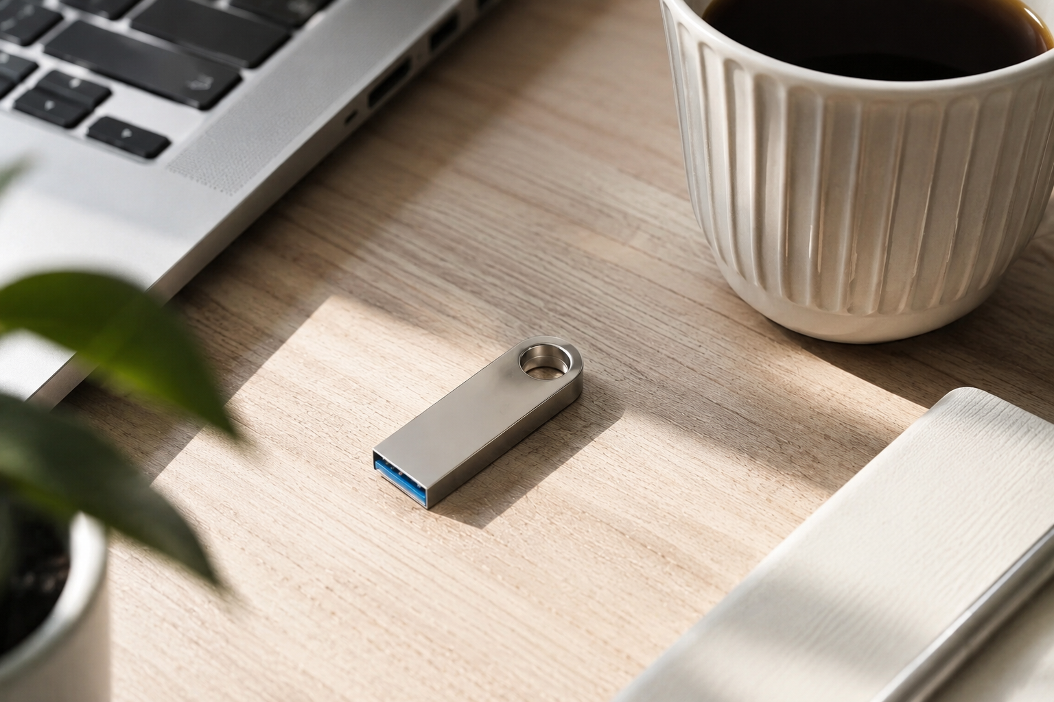 Metal USB flash drive with a circular loop rests on a light wood desk near a laptop, a coffee mug, a potted plant, and a notebook.