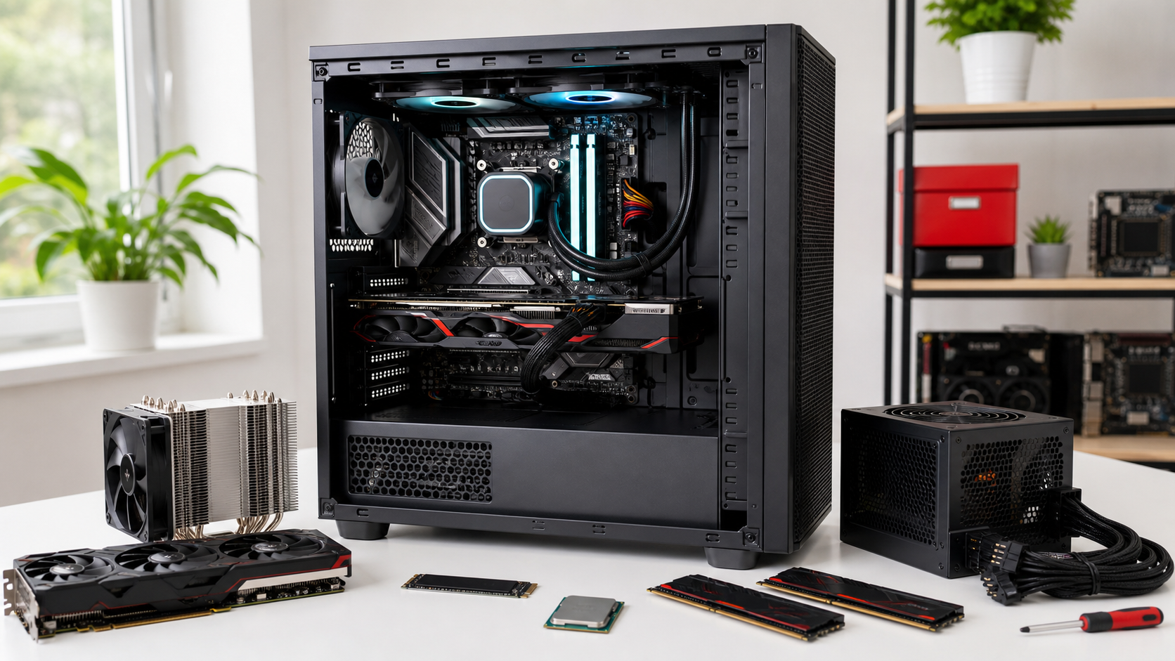 Black mid-tower PC case with its side panel removed, showing a motherboard with liquid cooling, RGB RAM, and a graphics card inside; components like a CPU cooler, fans, and power supply visible on a white desk nearby.