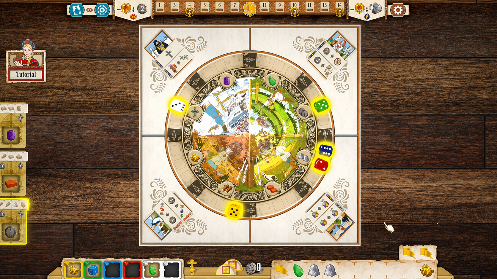 Circular board game with a central wheel and card tiles around a wooden table, dice showing 4s and 5s, and player areas at the edges.
