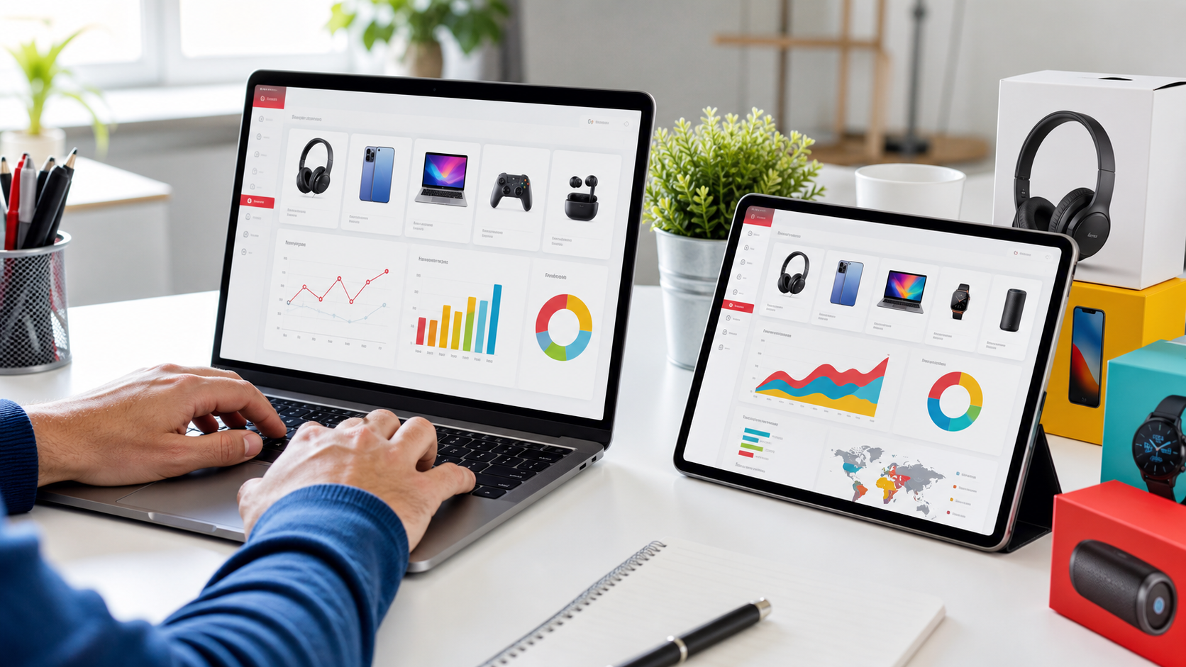 Person typing on a laptop and a tablet displaying analytics dashboards with charts and devices on a desk.