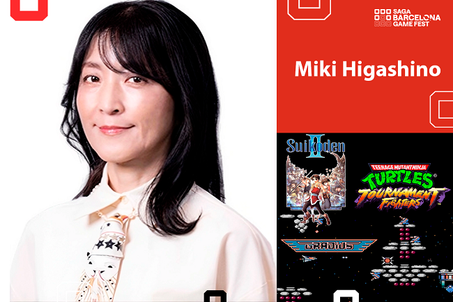 Portrait of Miki Higashino beside a red event banner featuring her name and game-festival logos, plus a collage of arcade game covers on the right.