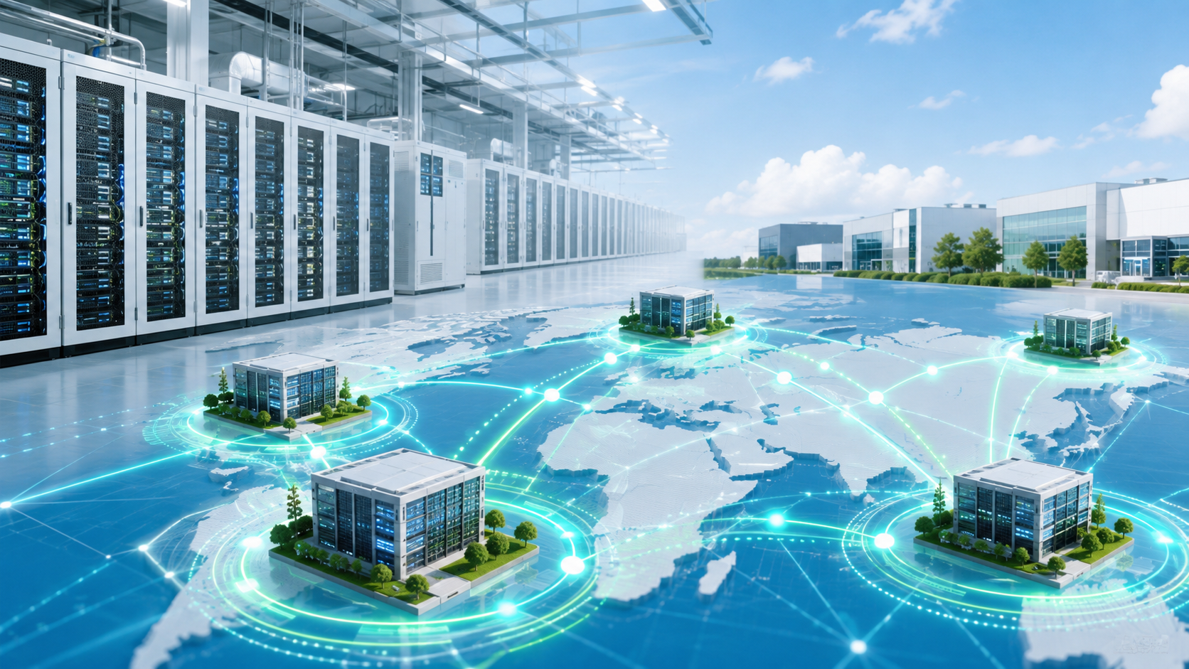 Row of server racks in a modern data center connected by glowing network lines spanning a world map, illustrating global IT connectivity.