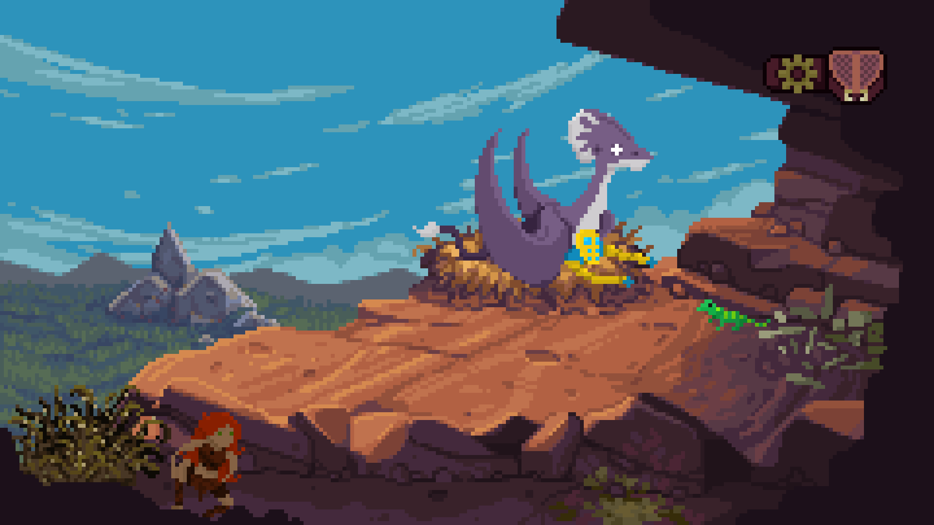Pixel art: a desert canyon with a large purple dragon statue on rocks, a blue-yellow-clad adventurer nearby, and distant blue mountains under a bright sky.