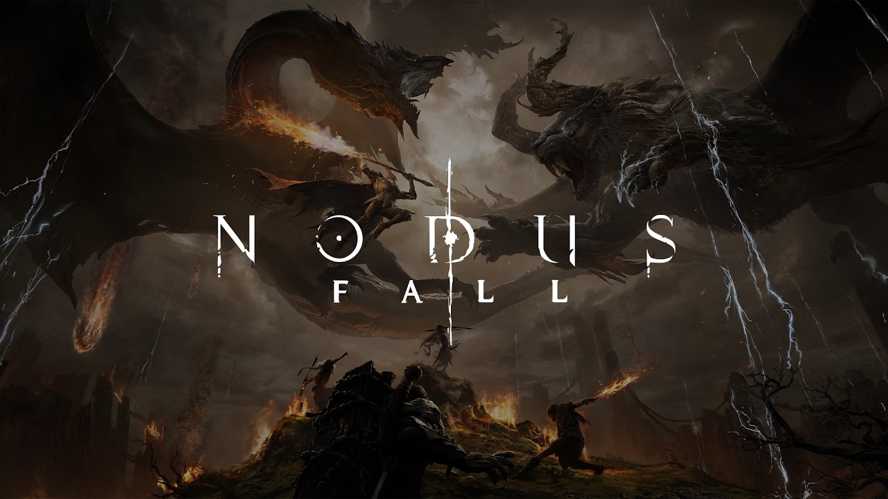 Dark fantasy battle scene with two dragons above a fiery battlefield; the game title NODUS FALL centered in white text.