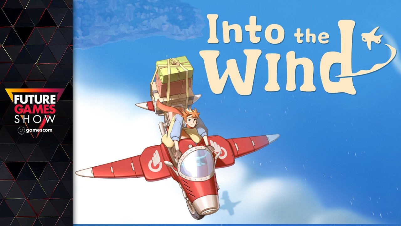 Illustrated boy piloting a red jet with gifts strapped on; blue sky and the 'Into the Wind' title, with Future Games Show branding on the left panel.