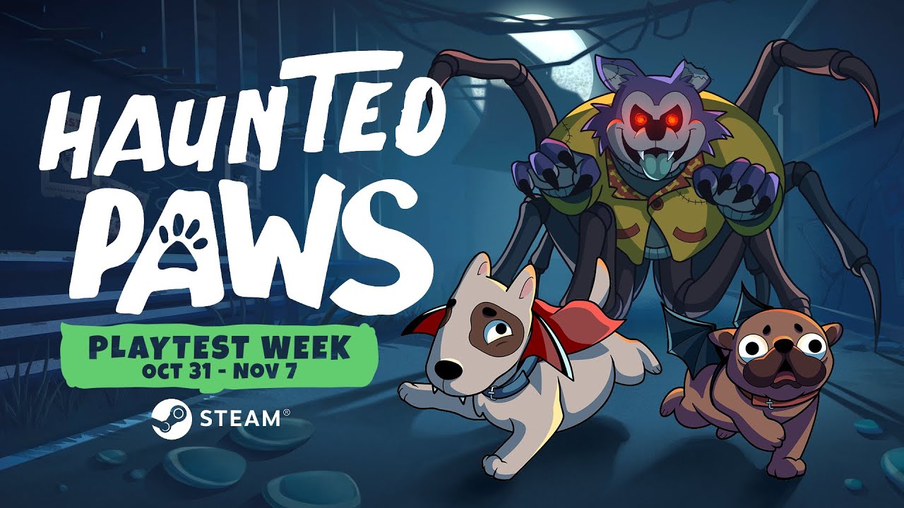 Promo banner for Haunted Paws: three dogs flee a glowing-eyed monster in a dark alley; Playtest Week Oct 31–Nov 7, Steam badge nearby.