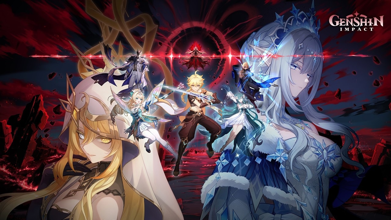 Group of Genshin Impact characters ready for battle in a dark, fiery landscape with red streaks of light in the sky.