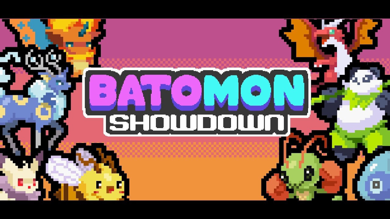 Pixel art banner for Batmon Showdown with colorful pixel creatures around a bold Batmon Showdown logo on a pink-orange gradient backdrop.