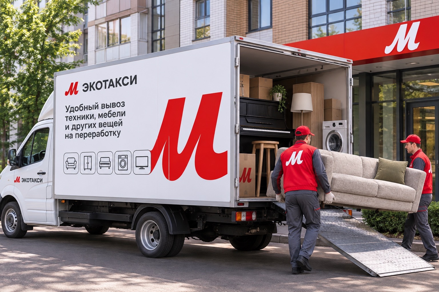 Movers in red vests load a beige sofa onto a moving truck in front of a building with a red M logo (moving company).
