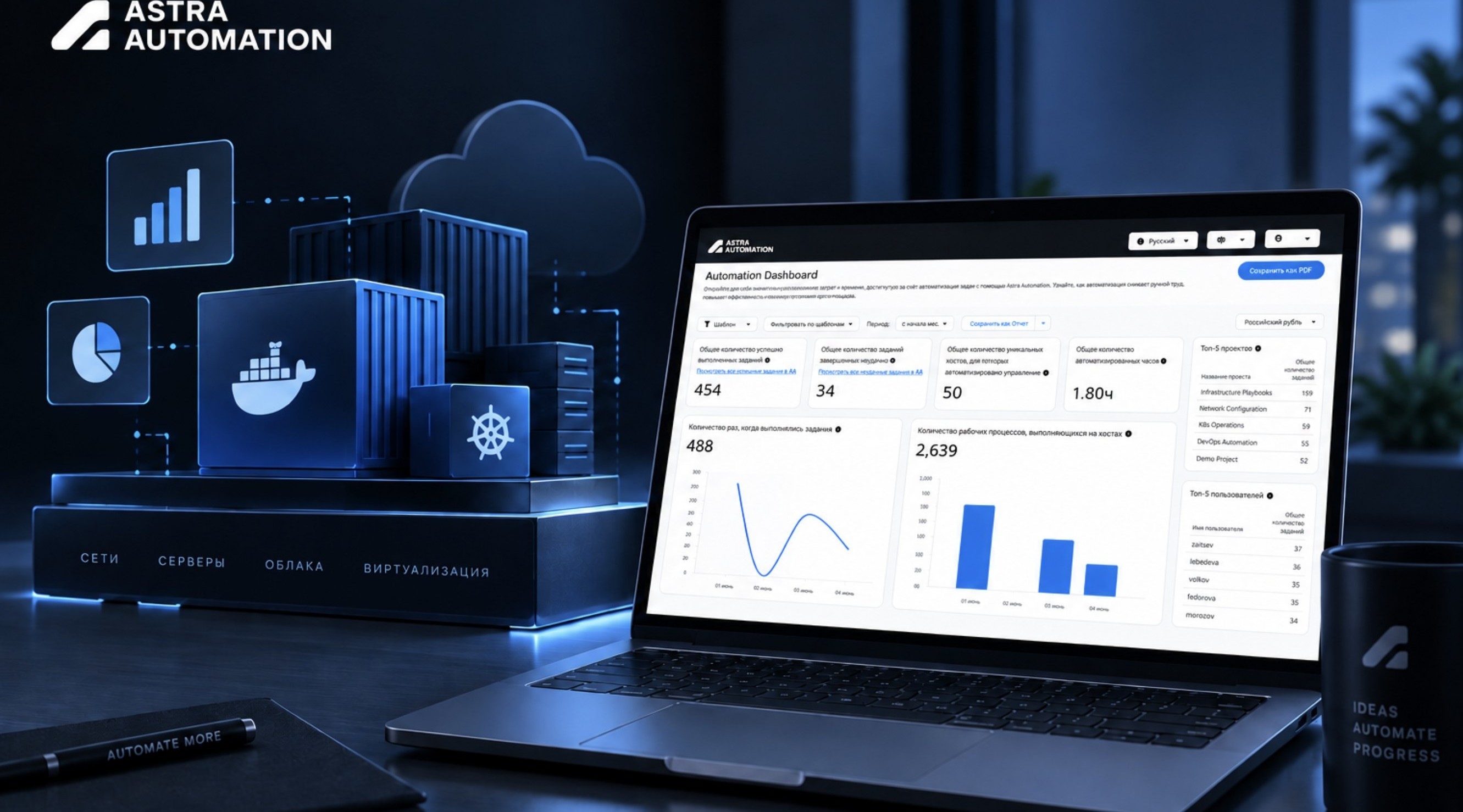 Laptop displaying a dashboard with charts and metrics for an automation platform, surrounded by blue server icons and cloud graphics in a dark, futuristic setting.