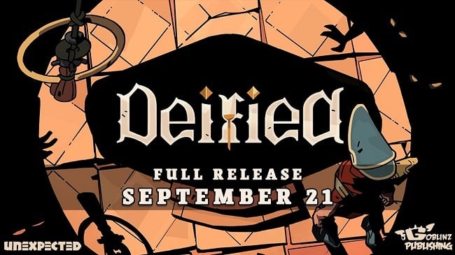 Promotional poster for 'Deified' announcing full release on Sep 21, with a jagged orange rock background, a character on the right, and publisher logos (Unexpected, Goblin Publishing).